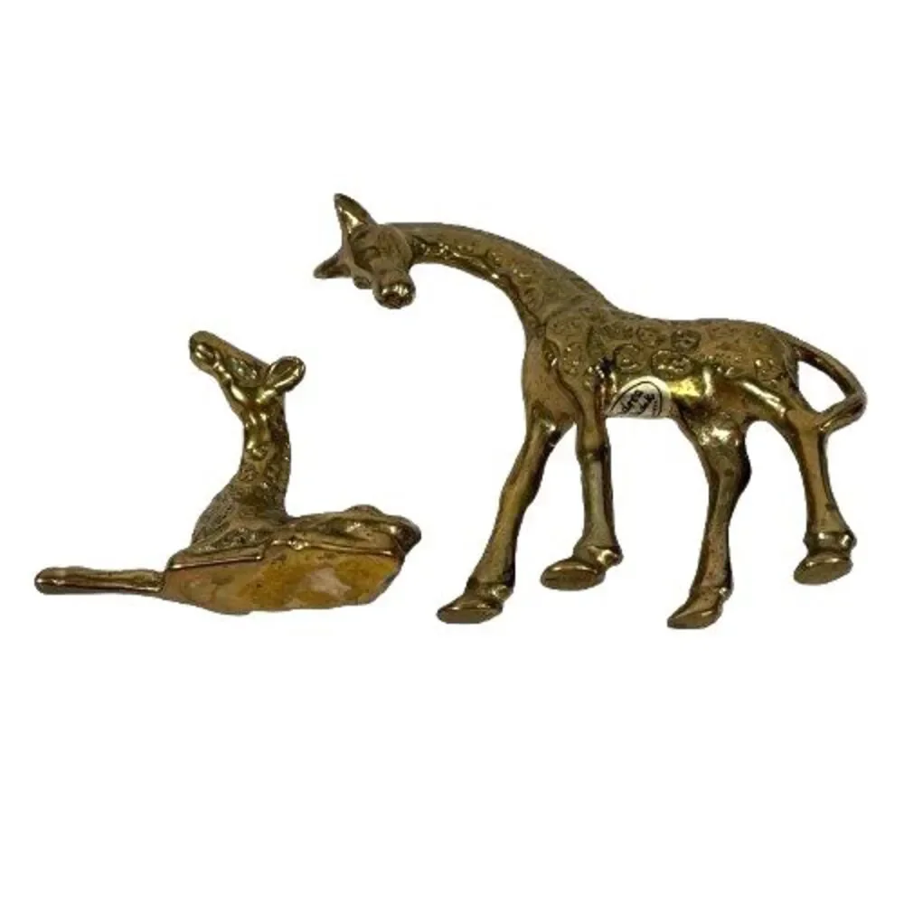 Vintage Solid Brass Mother and Baby Giraffe Figurines Mid-Century Mod, Lot of 2
